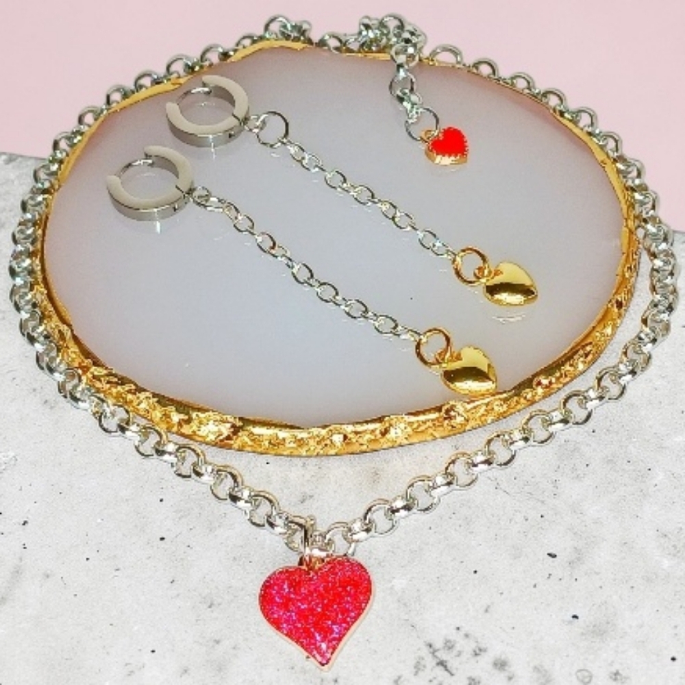 Silver Necklace Earring Set Heart Charms Mixed Metals Messy Coquette Minimalist